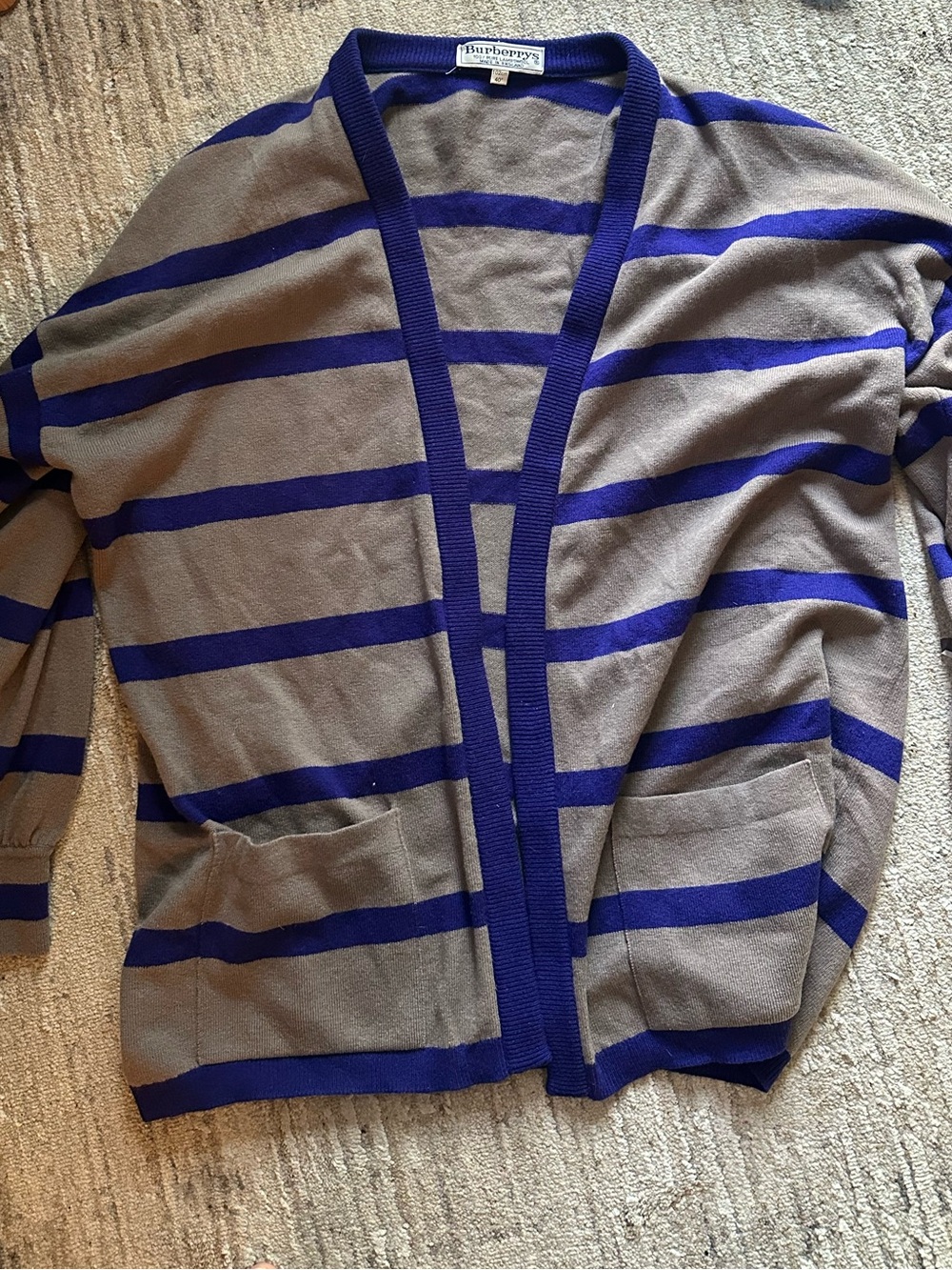 Vintage Burberry Gray and Royal Blue Striped Open-Front Cardigan